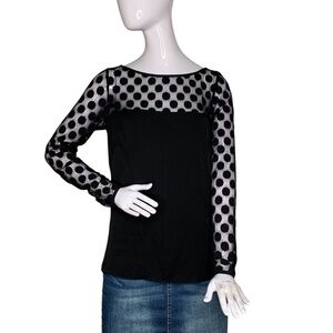 Milly Top Sz 8 Polka Dot See Thru Sheer Yoke and Sleeves Silk Blend Black Lined